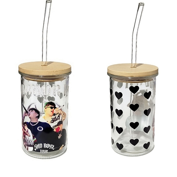 Junior H Custom Glass Tumbler Cup 16oz Black Hearts Mexican - Picture 1 of 5